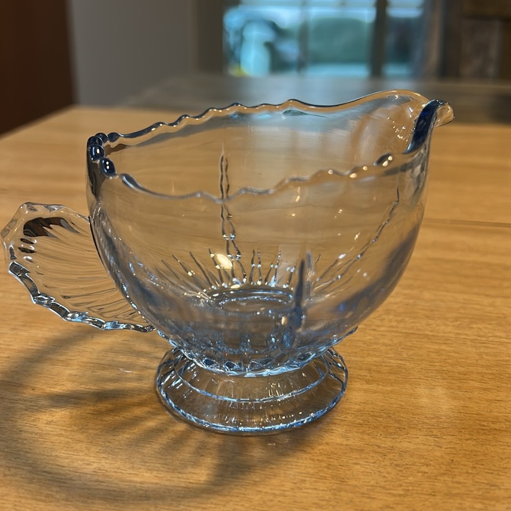 Vintage New Martinsville Radiance Ice Blue Winged Glass Creamer with Handle